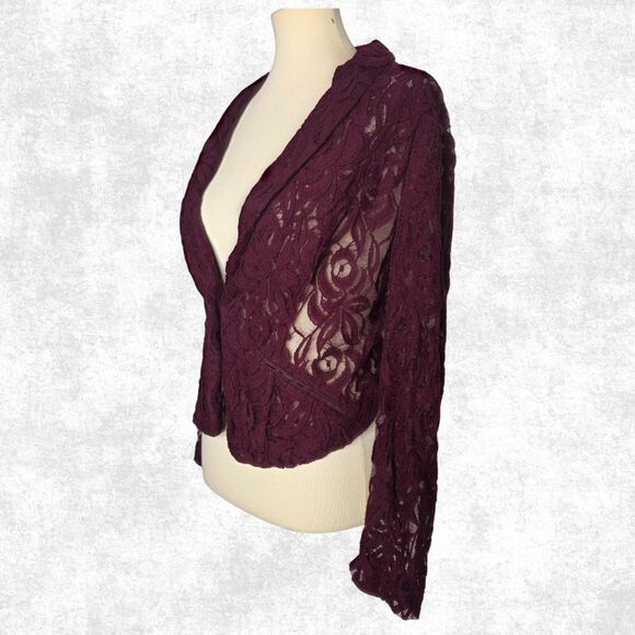 INC Burgundy Lace Blazer Jacket - Sheer Romantic Layer - Size Large - Picture 3 of 7
